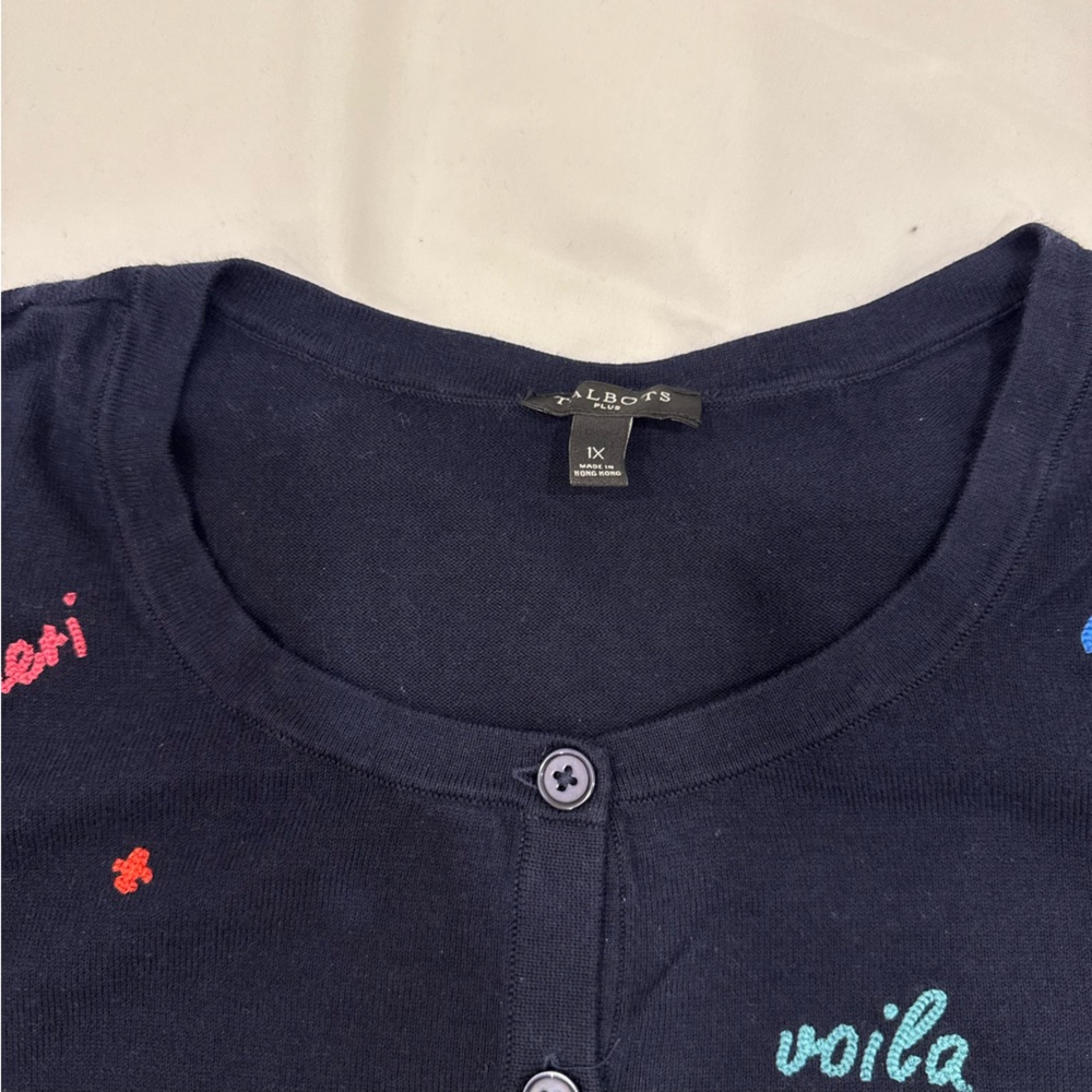 Talbots Plus Size 1X Navy Cardigan Embroidered French Phrases Bonjour Voila - Picture 2 of 8